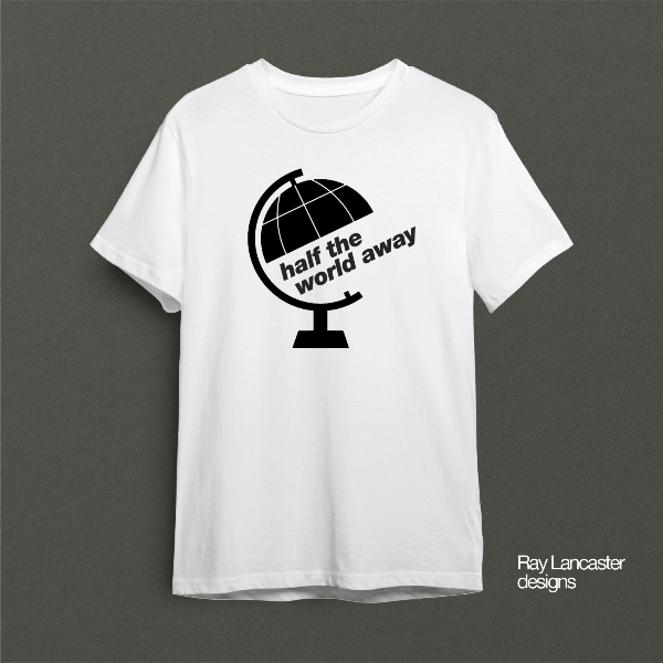 Half The World Away - Oasis inspired White t-shirt with black globe design and text on a gray background