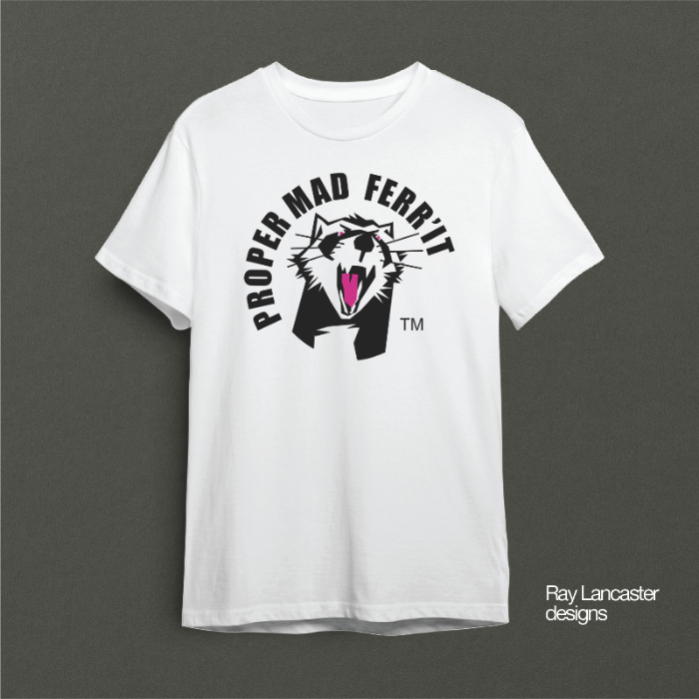 White t-shirt with black graphic design and text on a gray background. The Manchester Mad ferr'it image in the centre one the T-shirt