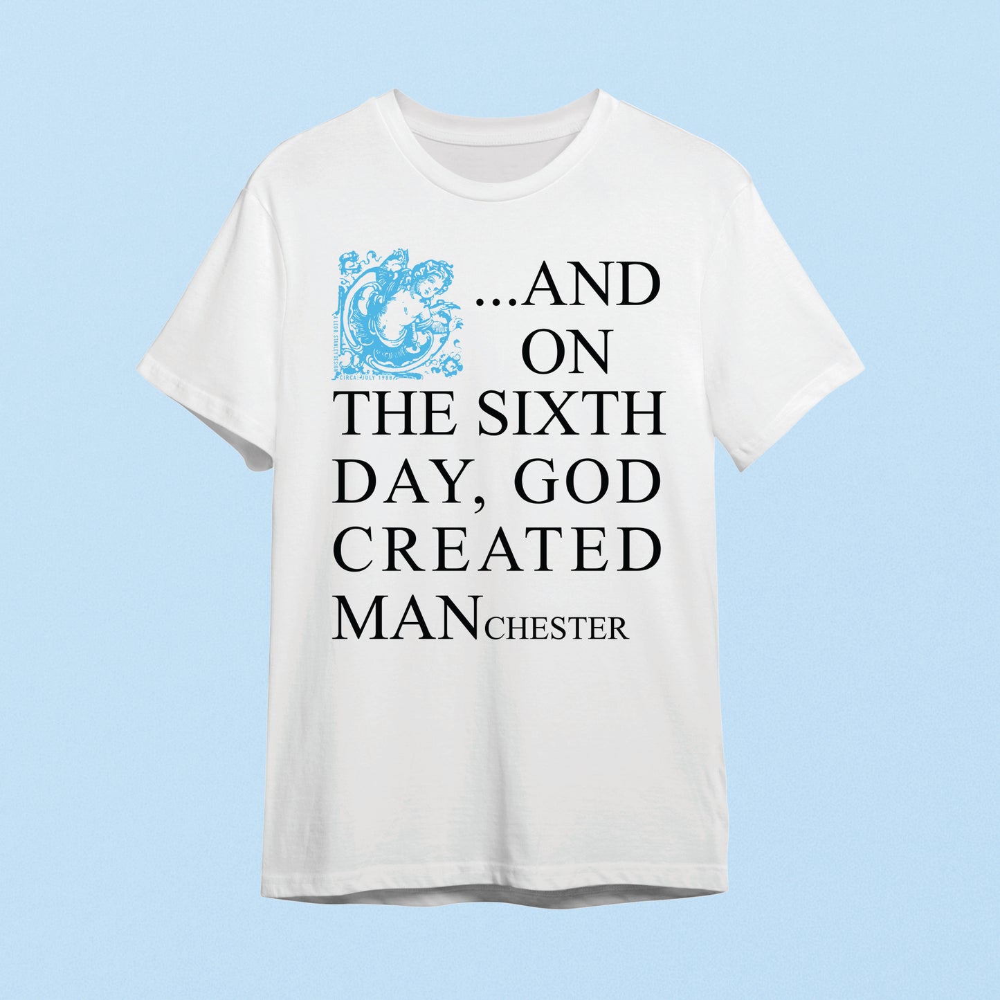 On the Sixth Day Short Sleeve T-Shirt Blue Cherub Leo B Stanley Design