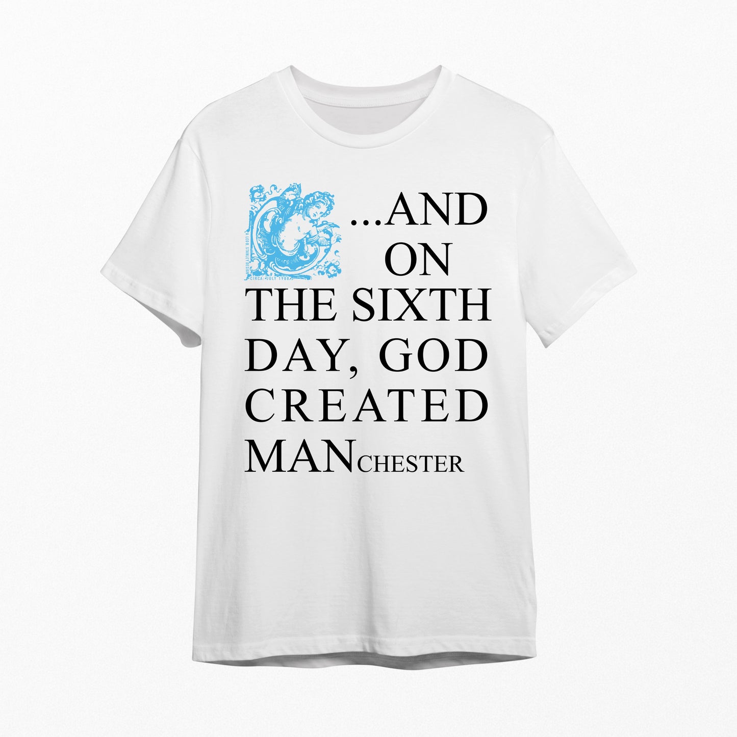 On the Sixth Day Short Sleeve T-Shirt Blue Cherub Leo B Stanley Design