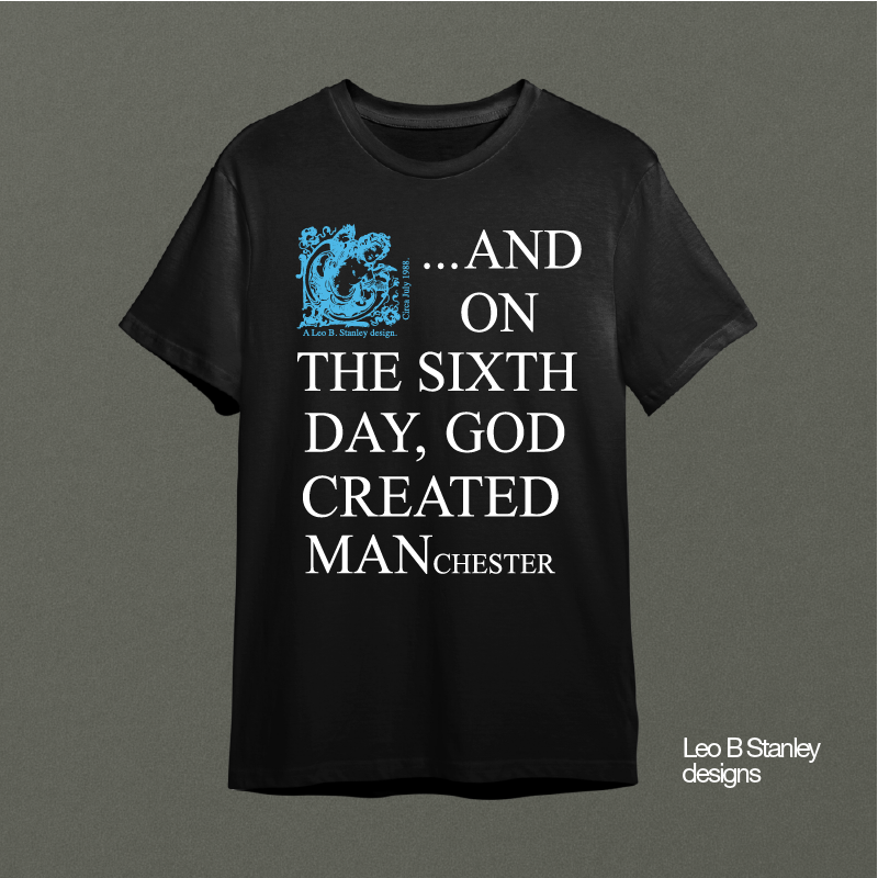 On the Sixth Day Short Sleeve T-Shirt Black tshirt with Blue Cherub Leo B Stanley Design